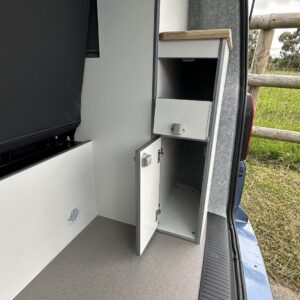 2024.06 VW T5 SWB Full Conversion Storage Cupboards Open in Rear